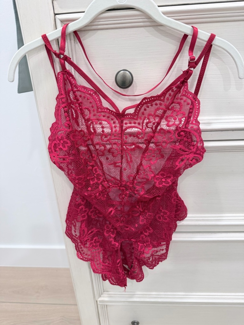 Women's Sexy Lace Teddy Bodysuit Red Rose - Elegant Sheer open Croch - Picture 2 of 8